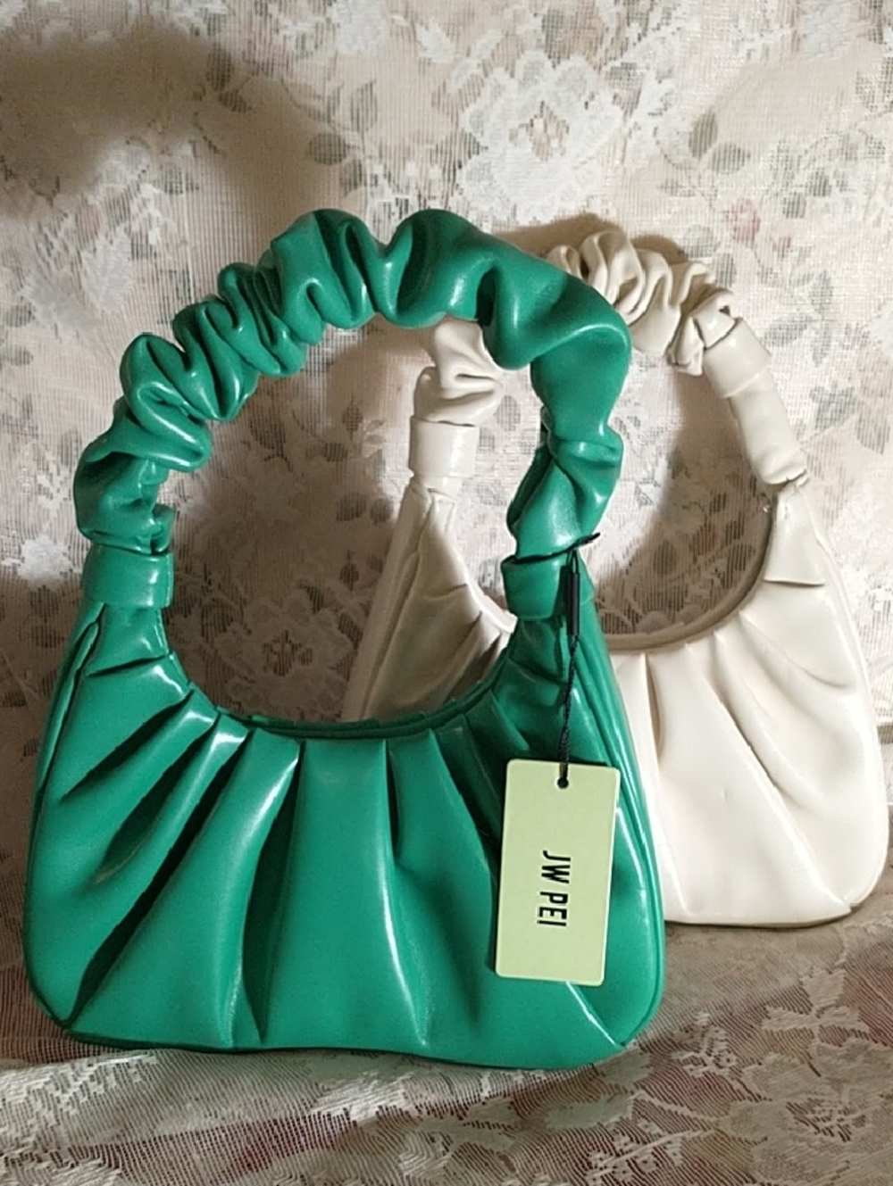JW PEI Choice Emerald Green Ruched Handle Shoulder Bag & White Bag Small